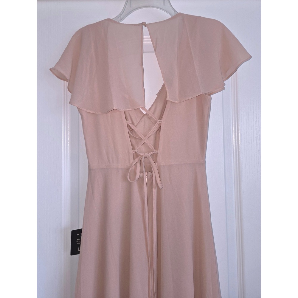 Lulus Heart of Passion Blush Pink Flutter Sleeve Lace-Up Maxi Dress S NEW - Picture 5 of 6